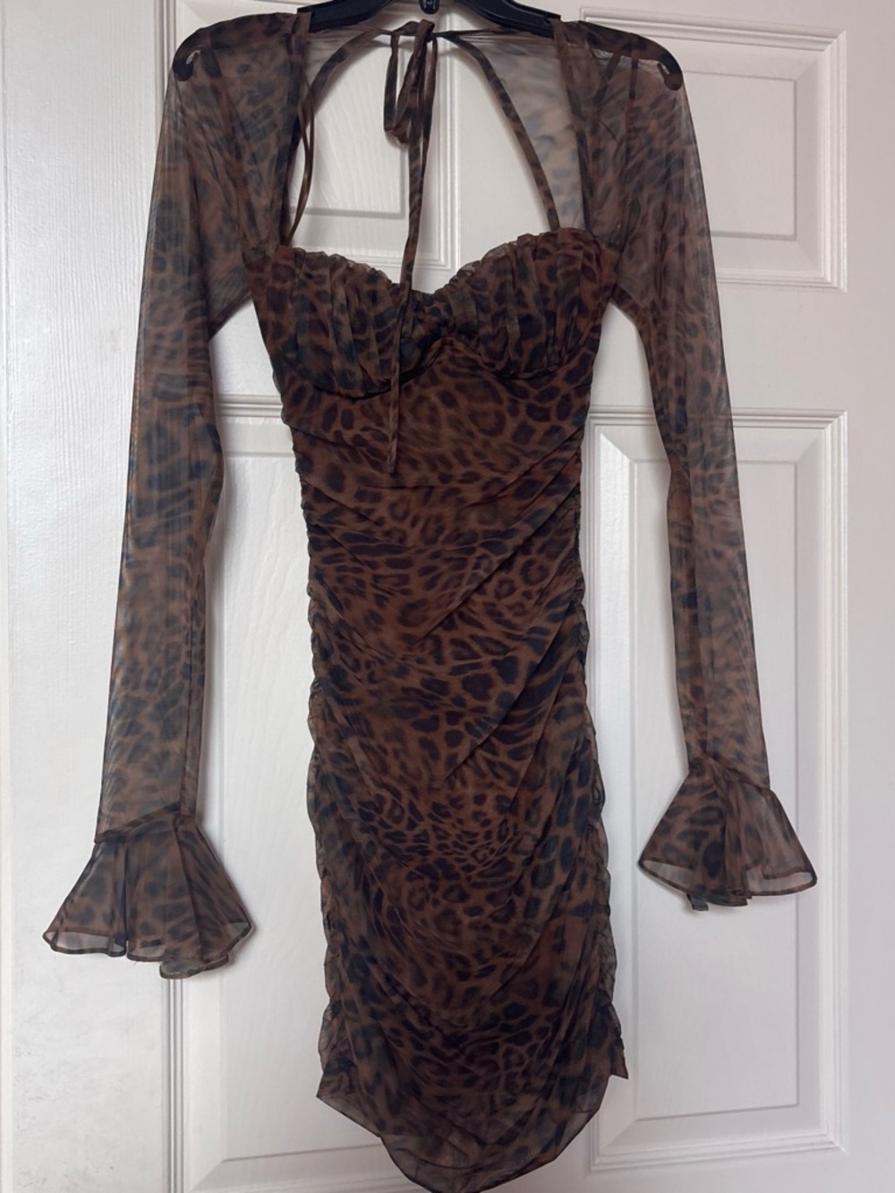 Leopard Print Ruched Mesh Dress